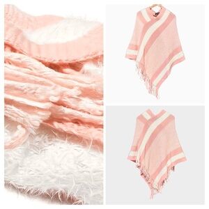 90s MODEL FRANCE | Pink Fuzzy Stripe Fringe Knit Poncho